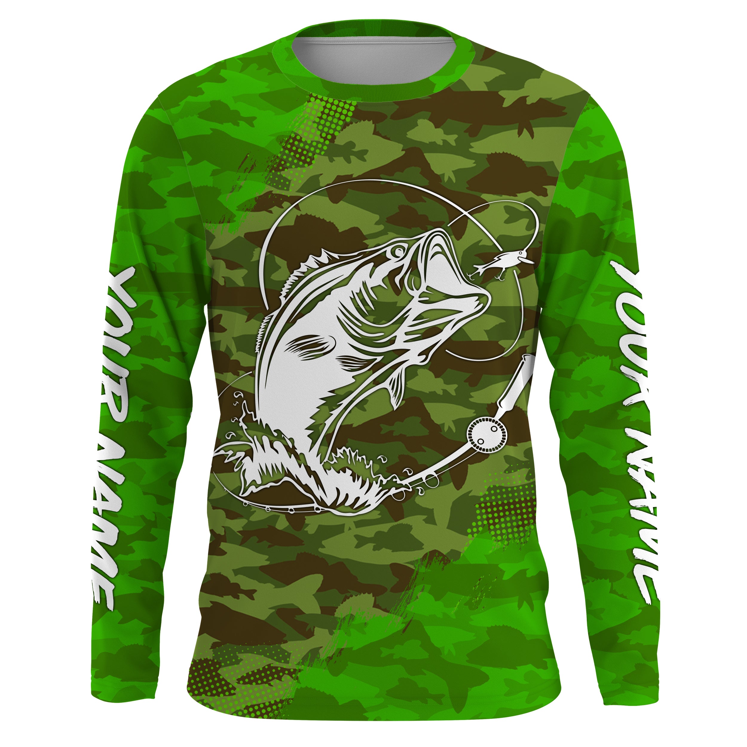 Largemouth Bass Fishing tattoo green camo custom fishing Long sleeve, Long Sleeve Hooded NPQ713