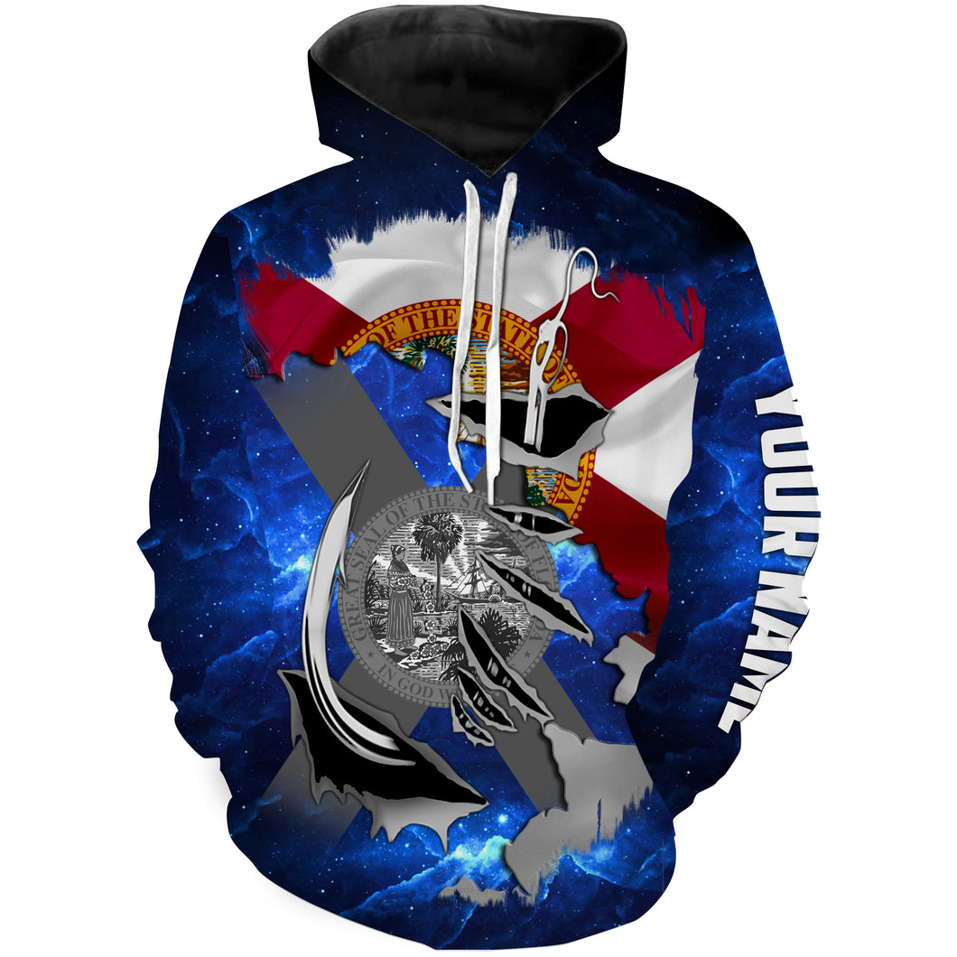 Florida FL Fishing Fish Hook Flag blue Universe patriotic Custom name fishing jerseys  | Hoodie - NPQ854