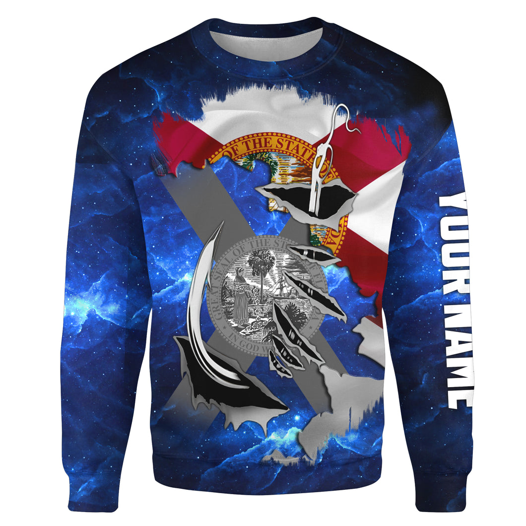 Florida FL Fishing Fish Hook Flag blue Universe patriotic Custom name fishing jerseys | Sweatshirt - NPQ854
