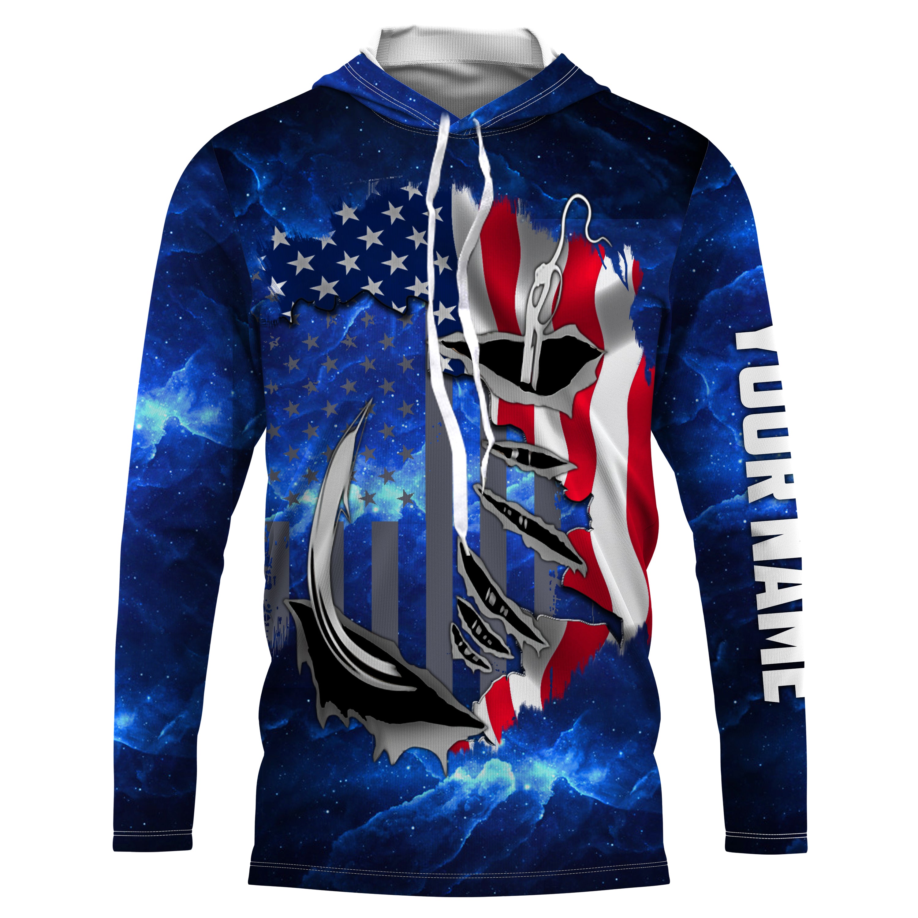 US Fishing Fish Hook American Flag blue Universe patriotic Custom name Long sleeve, Long Sleeve Hooded NPQ855