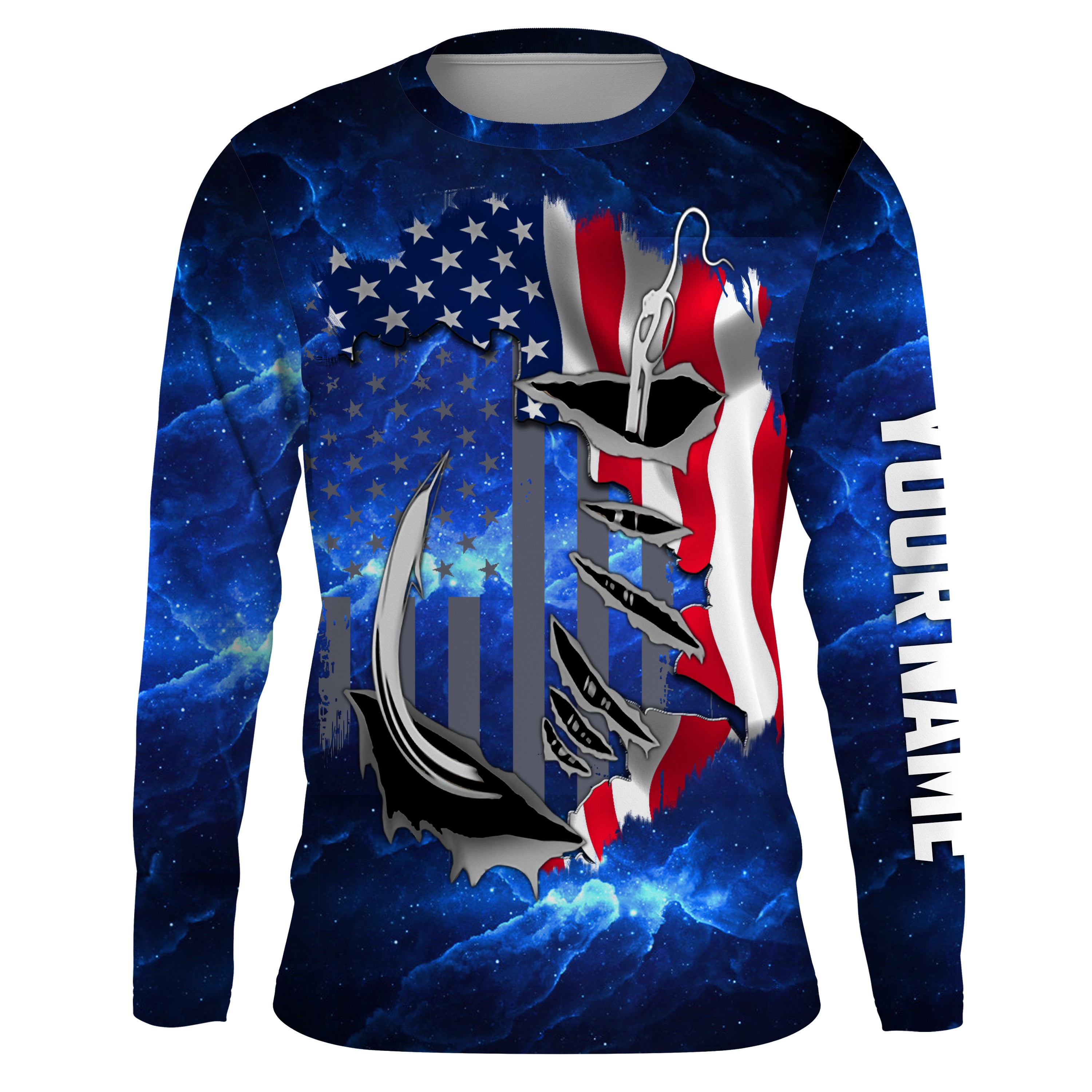 US Fishing Fish Hook American Flag blue Universe patriotic Custom name Long sleeve, Long Sleeve Hooded NPQ855