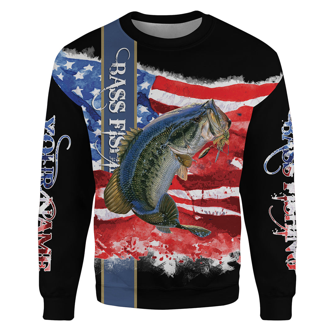 Beautiful Bass Fishing American Flag patriotic Customize name 3D All-over Print Crew Neck Sweatshirt, personalized fishing gift ideas NPQ224