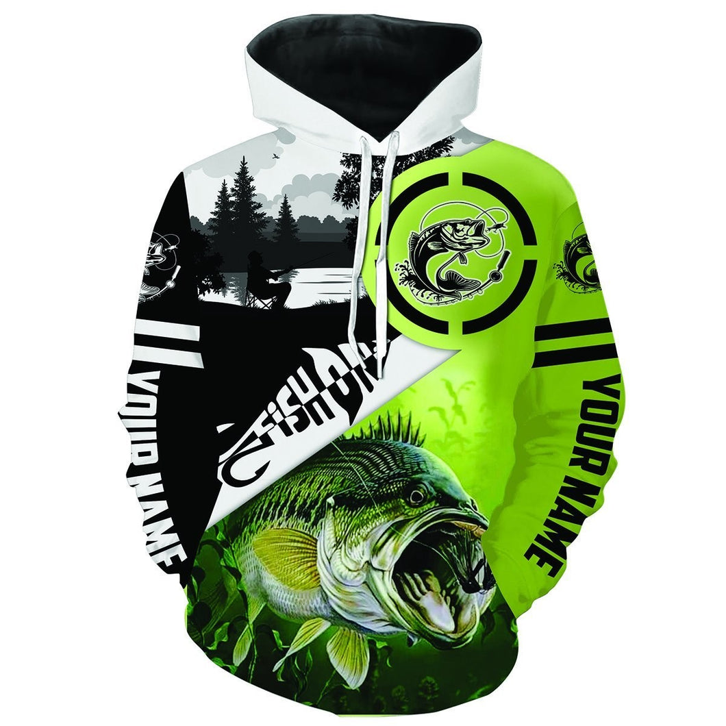 Largemouth Bass Fishing fish on green Customize name 3D All Over Printed fishing hoodie, personalized fishing gift for men, women NPQ271
