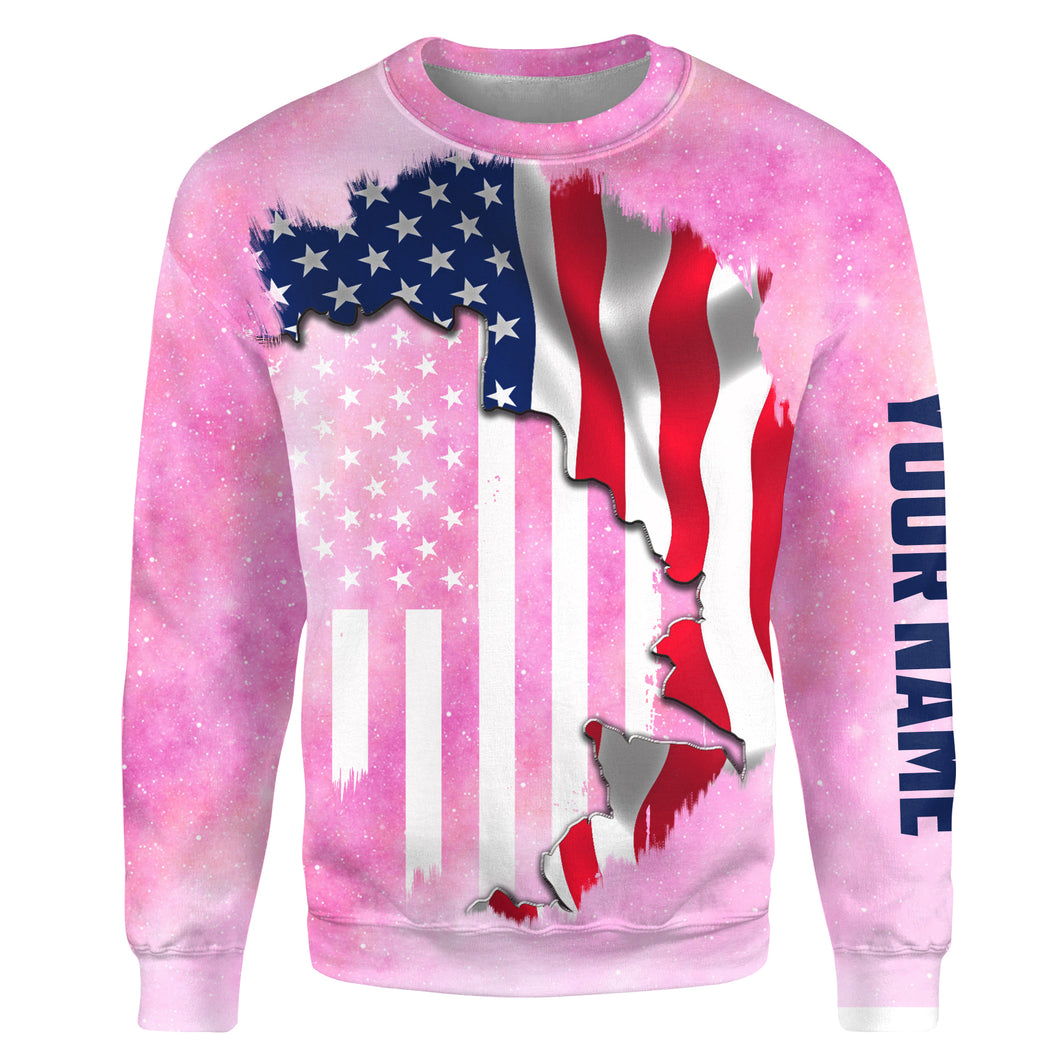 American Flag Universe patriotic Light pink space galaxy Customize name All-over Print Crew Neck Sweatshirt NPQ427