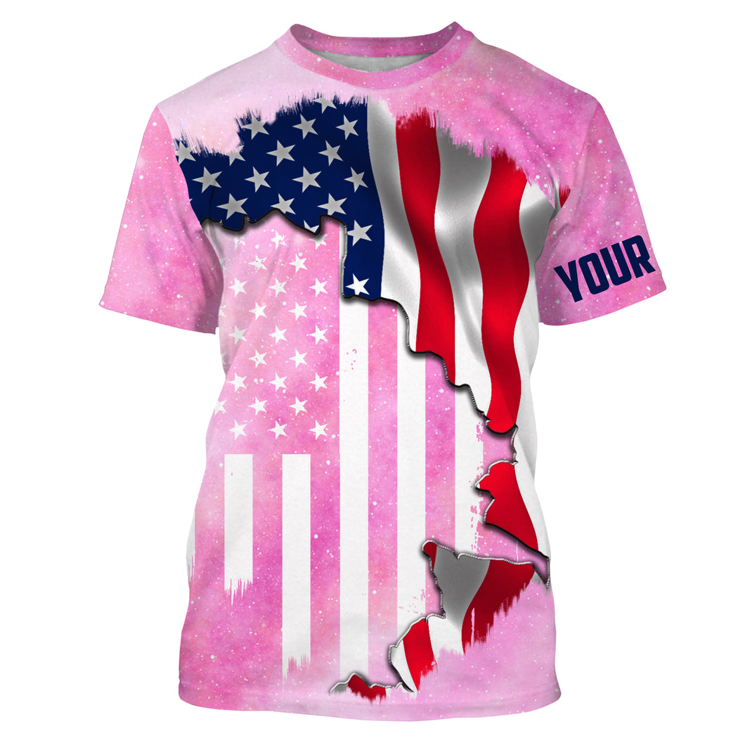 American Flag Universe patriotic Light pink space galaxy Customize Name All-over Print Unisex fishing T-shirt NPQ427