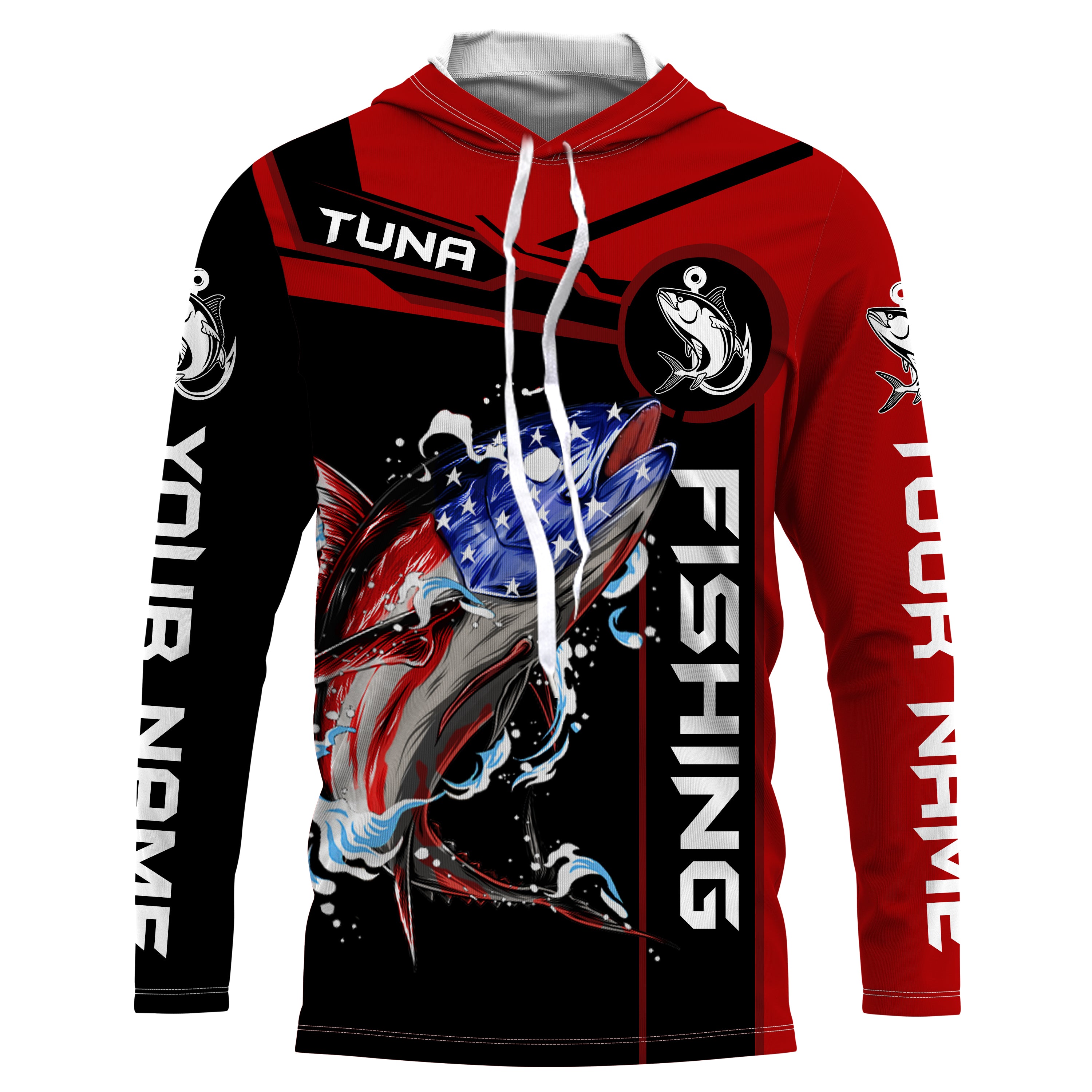 Tuna fishing American flag patriotic Custom Name Long sleeve, Long Sleeve Hooded  - Red NPQ680