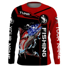 Load image into Gallery viewer, Tuna fishing American flag patriotic Custom Name Long sleeve, Long Sleeve Hooded  - Red NPQ680
