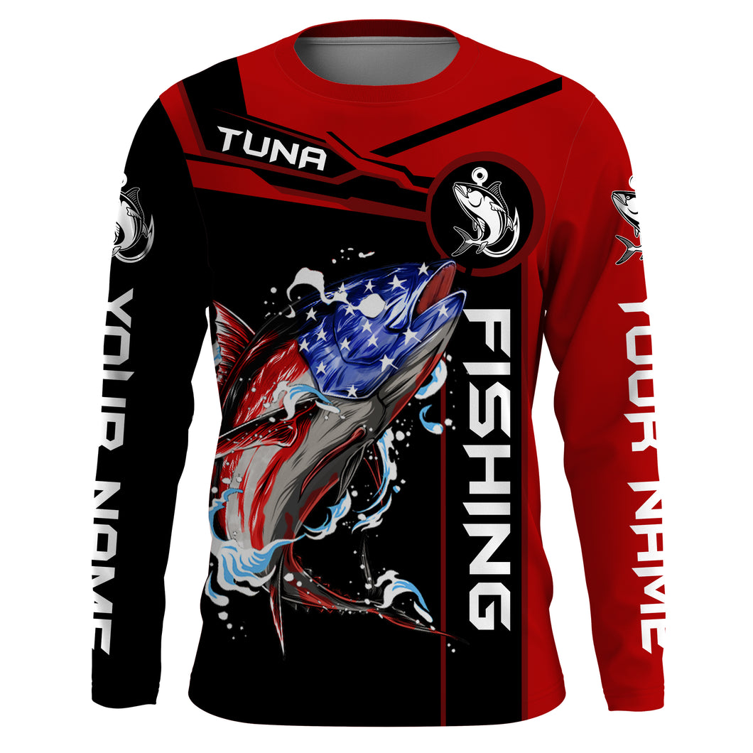 Tuna fishing American flag patriotic Custom Name Long sleeve, Long Sleeve Hooded  - Red NPQ680