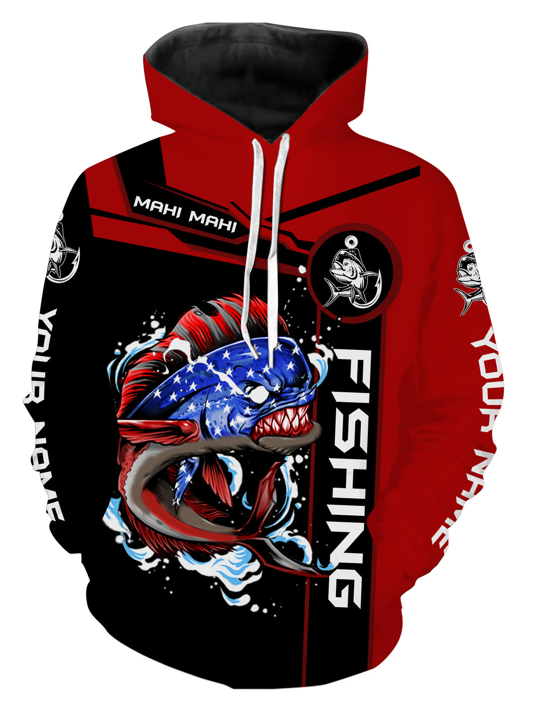Mahi-mahi fishing American flag patriotic Custom Name Fishing shirts - Red | Hoodie - NPQ681