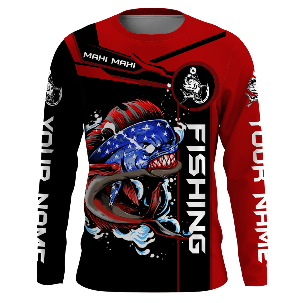 Mahi-mahi fishing American flag patriotic Custom Name Long sleeve, Long Sleeve Hooded  - Red NPQ681