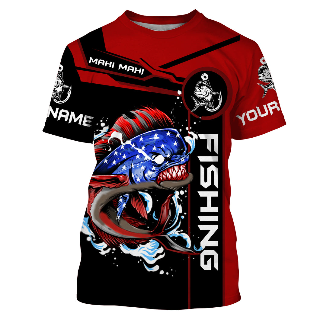 Mahi-mahi fishing American flag patriotic Custom Name Fishing shirts - Red | Tshirt - NPQ681