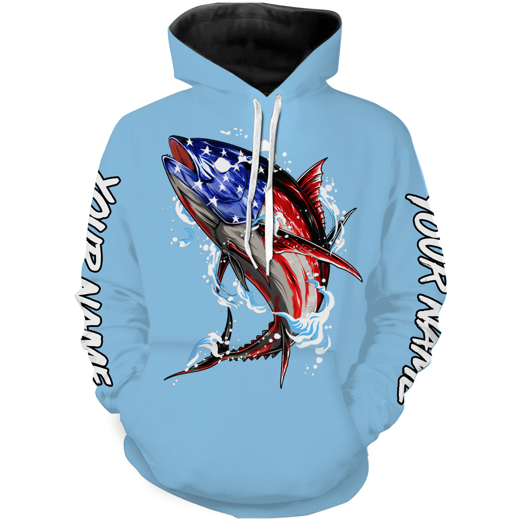Tuna fishing American flag sky blue Custom name fishing shirts jerseys | Hoodie - NPQ947