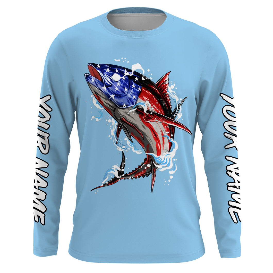 Tuna fishing American flag sky blue Custom name Long sleeve, Long Sleeve Hooded NPQ947