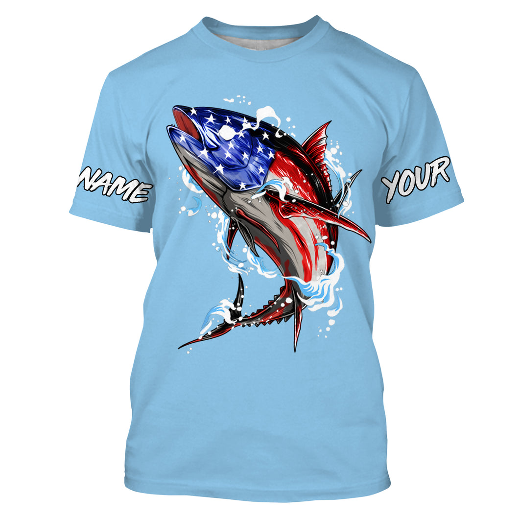 Tuna fishing American flag sky blue Custom name fishing shirts jerseys | Tshirt - NPQ947
