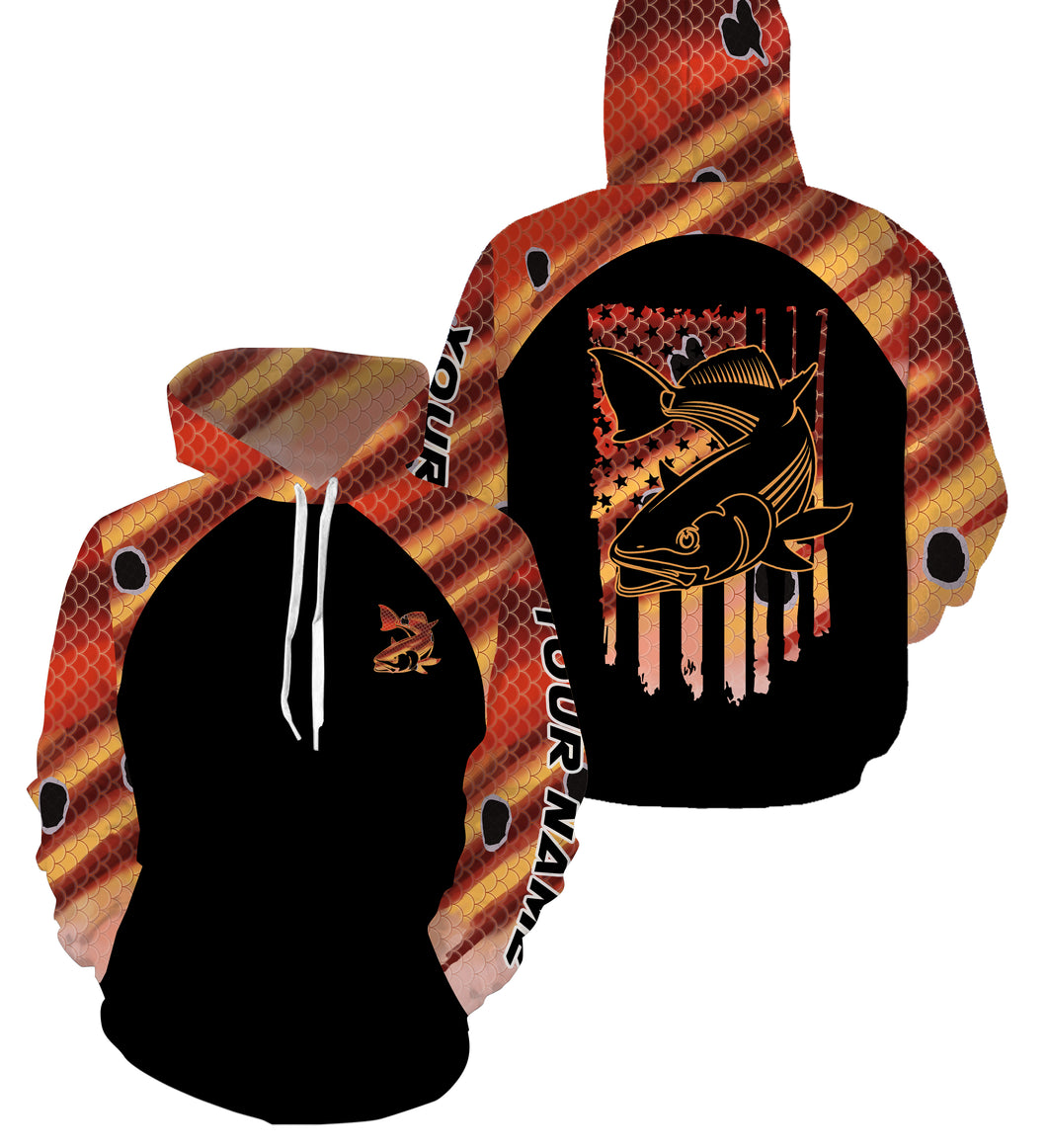Redfish fishing American flag patriotic red scales Customize name 3D All Over Printed fishing hoodie NPQ378
