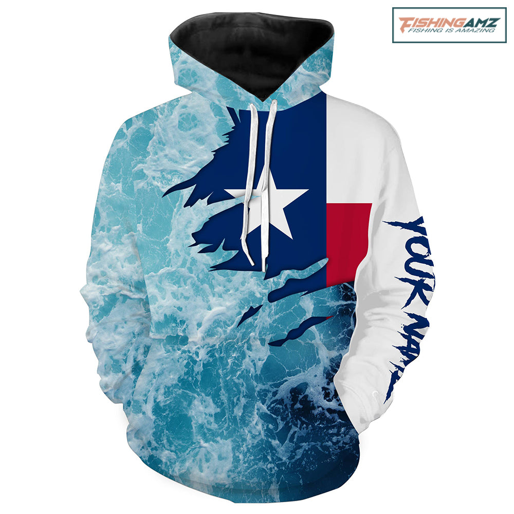 Texas flag fishing Saltwater Sea wave camo blue Fishing Shirts Custom fishing hoodie NPQ430
