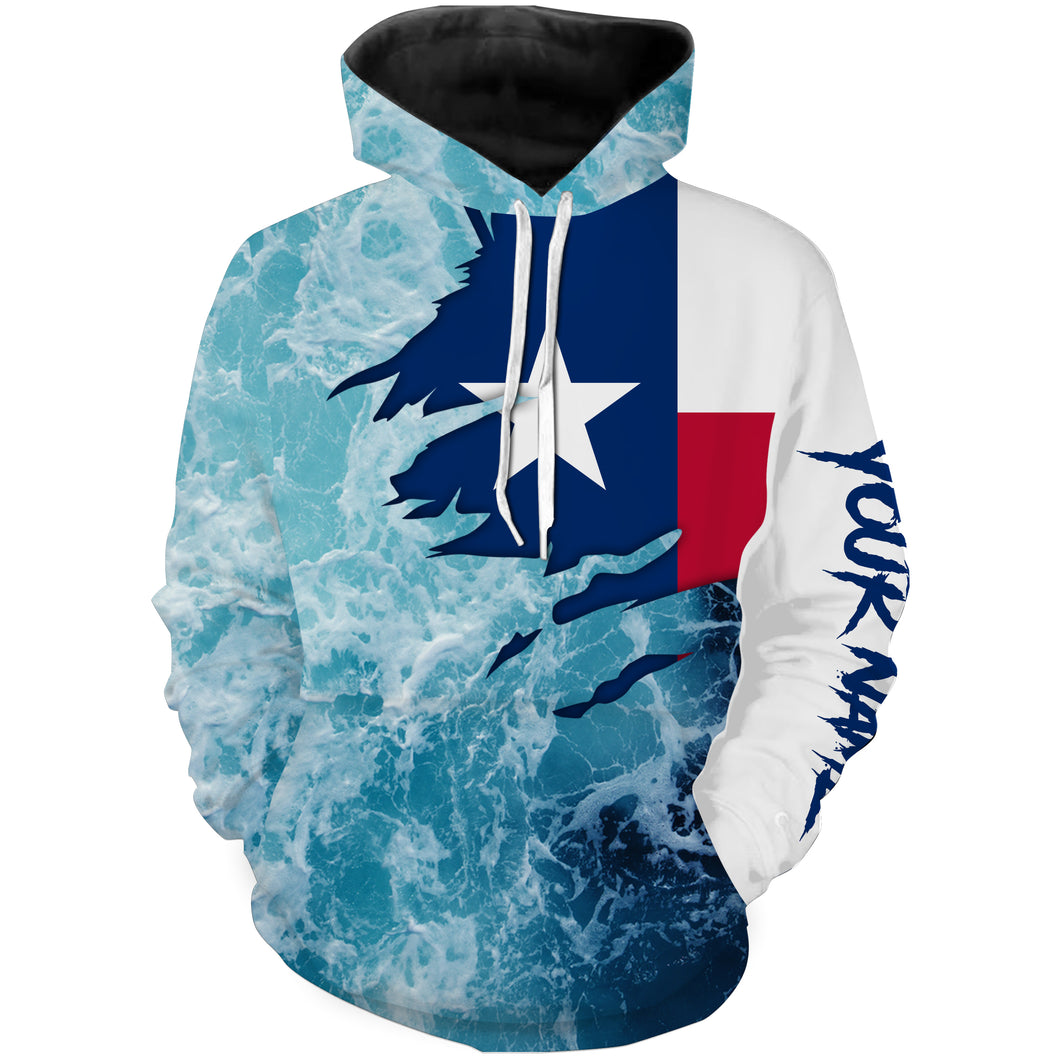 Texas flag fishing Saltwater Sea wave camo blue Fishing Shirts Customize name 3D All Over Printed fishing hoodie NPQ430