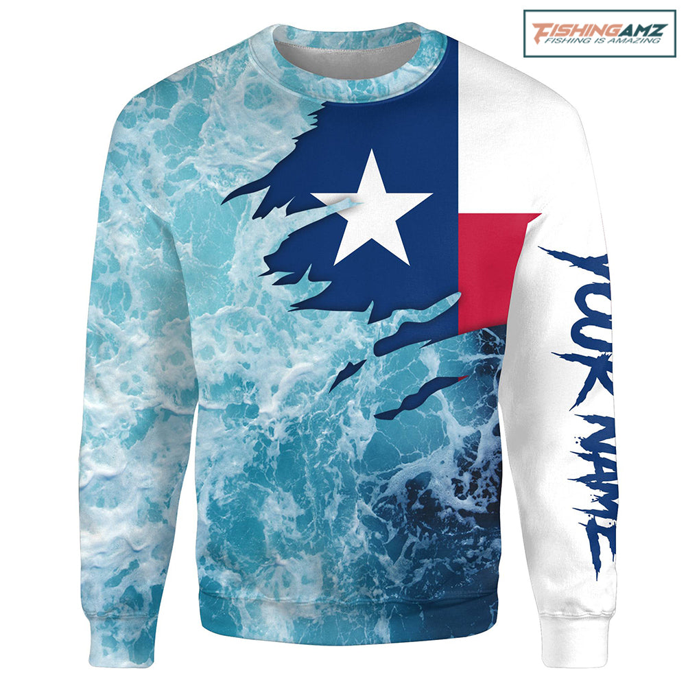 Texas flag fishing Saltwater Sea wave camo blue Fishing Shirts Custom Sweatshirt NPQ430