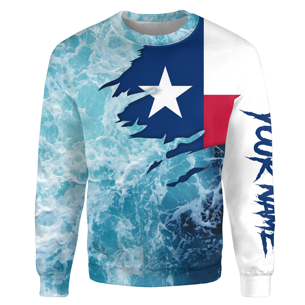 Texas flag fishing Saltwater Sea wave camo blue Fishing Shirts Customize name All-over Print Crew Neck Sweatshirt NPQ430