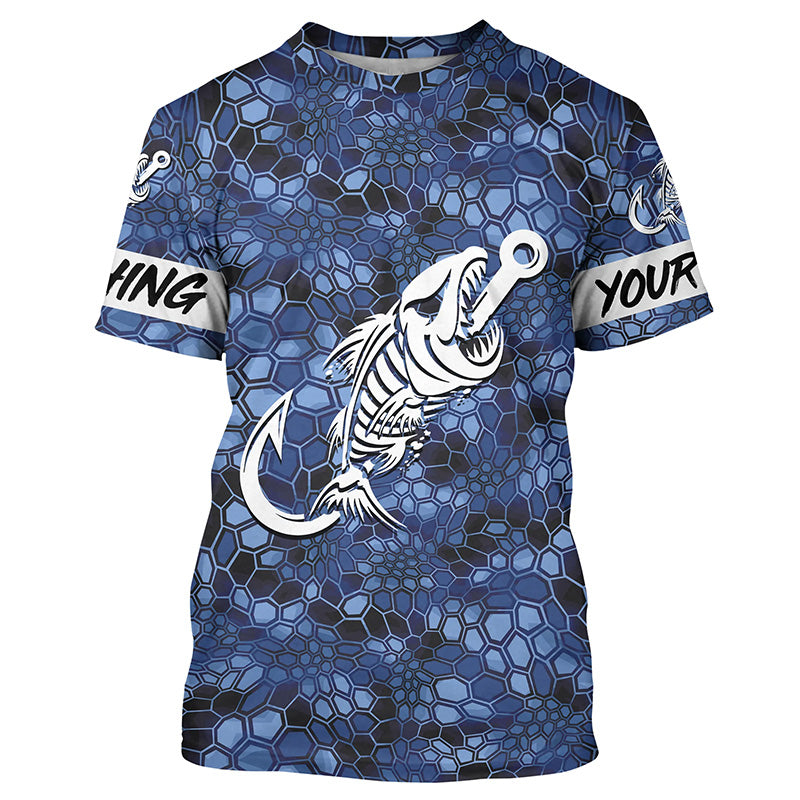 Custom Blue Camo fishing T-shirt Fish hook skull sun protection fishing jerseys | T-shirt NQS5084