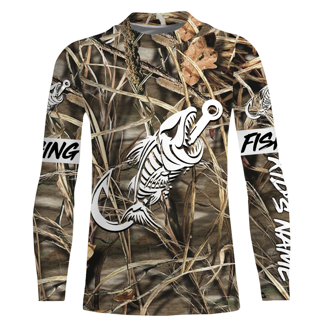 Camo fishing shirt Fish hook skull Custom name performance fishing jerseys | Kid Long Sleeves NPQ718