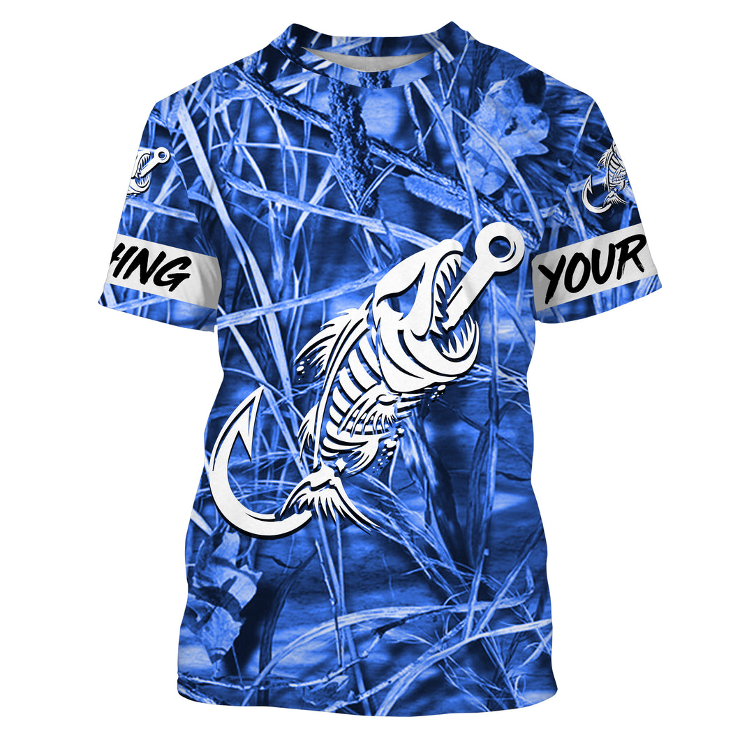 Teal blue Camo fishing shirt Fish hook skull Custom name performance fishing jerseys | Tshirt - NPQ719