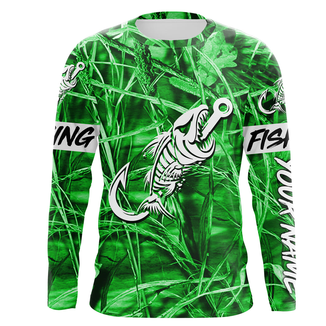 Green Camo fishing shirt Fish hook skull Custom name performance jerseys | Long sleeve, Long Sleeve Hooded NPQ720