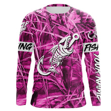 Load image into Gallery viewer, Pink Camo fishing shirt Fish hook skull Custom name performance jerseys | Long sleeve, Long Sleeve Hooded NPQ722
