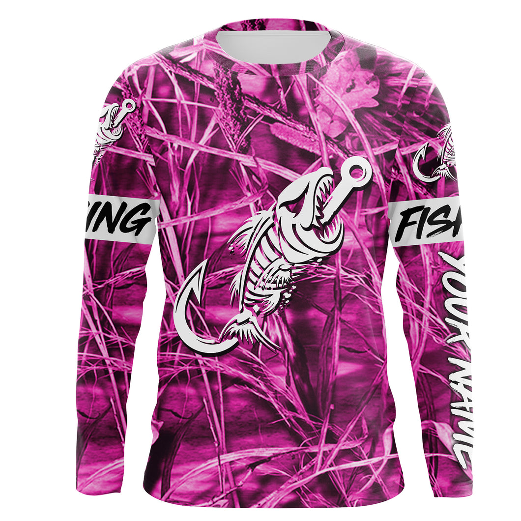 Pink Camo fishing shirt Fish hook skull Custom name performance jerseys | Long sleeve, Long Sleeve Hooded NPQ722