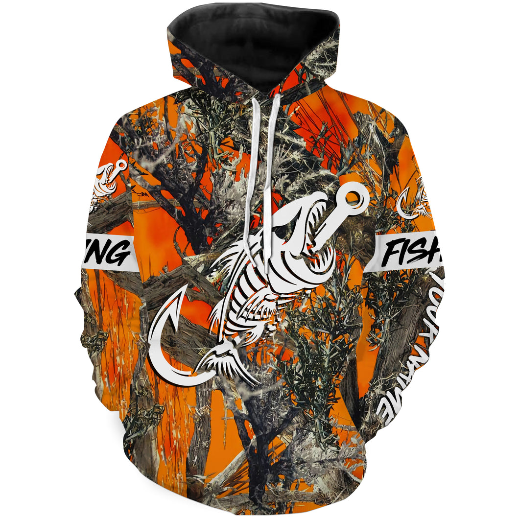 Orange Camo fishing shirt Fish hook skull Custom name performance fishing jerseys | Hoodie - NPQ721