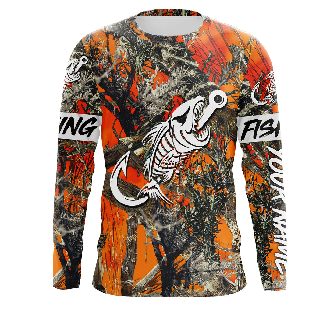 Orange Camo fishing shirt Fish hook skull Custom name performance jerseys | Long sleeve, Long Sleeve Hooded NPQ721