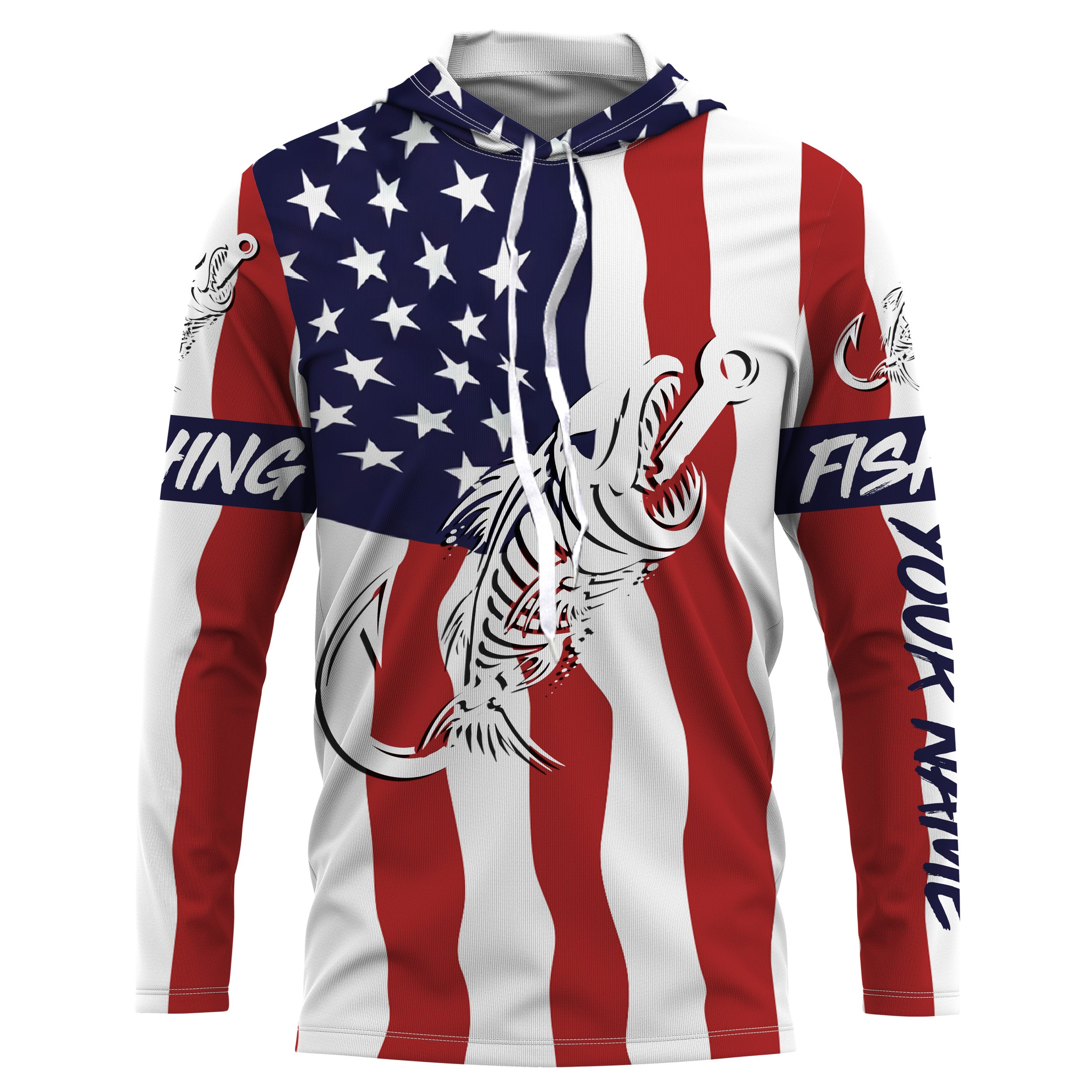 American flag fishing Fish hook skull personalized fishing shirts custom Long sleeve, Long Sleeve Hooded NPQ689