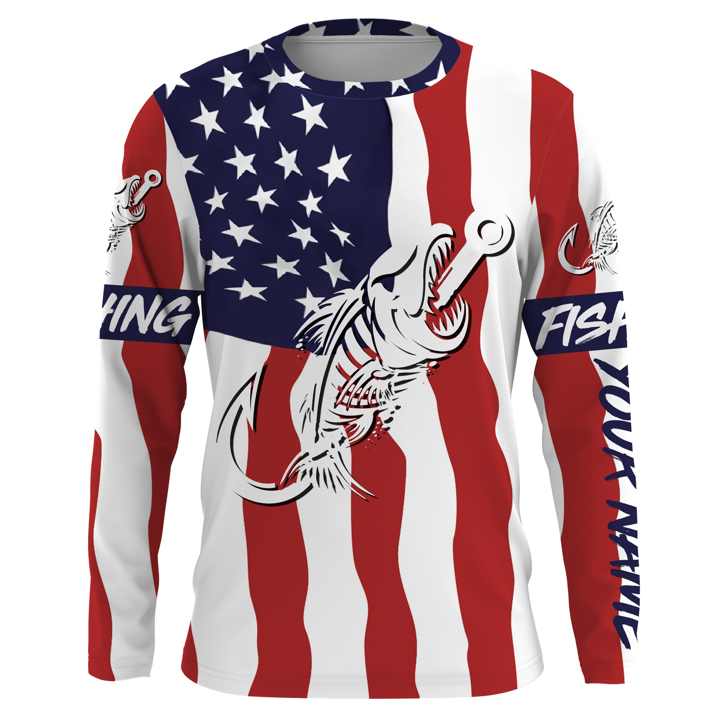 American flag fishing Fish hook skull personalized fishing shirts custom Long sleeve, Long Sleeve Hooded NPQ689