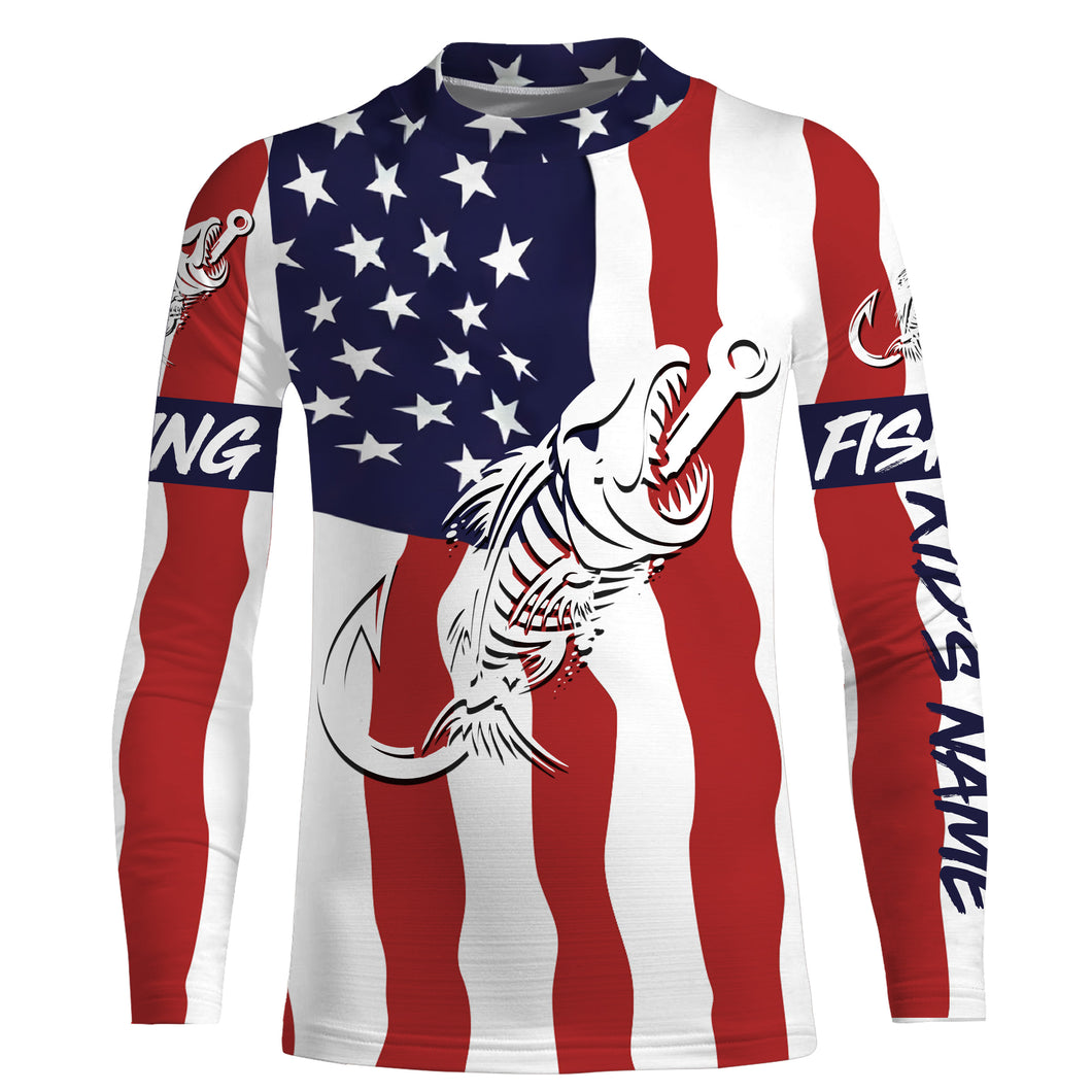 American flag fishing Fish hook skull personalized fishing shirts, custom fishing apparel | Kid Long Sleeves NPQ689