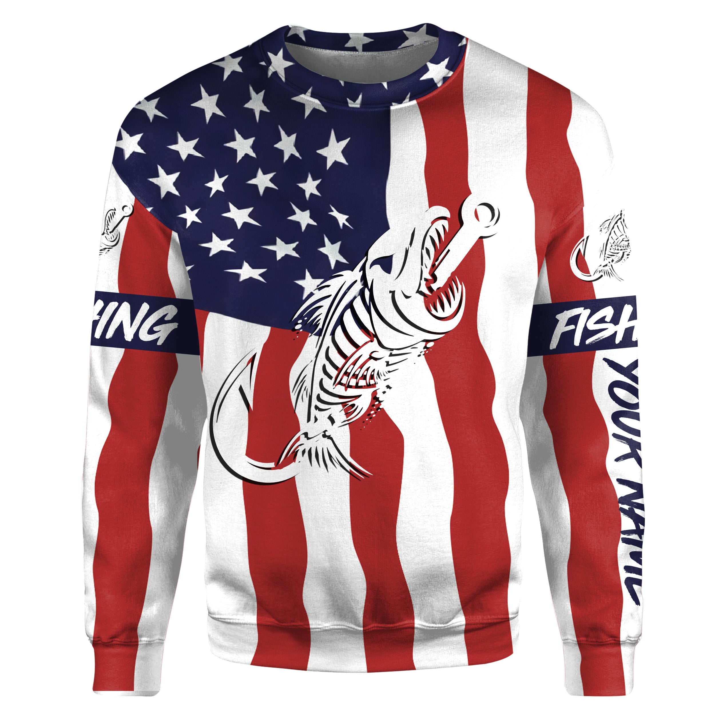 American flag fishing Fish hook skull personalized fishing shirts, custom fishing apparel | Sweatshirt - NPQ689