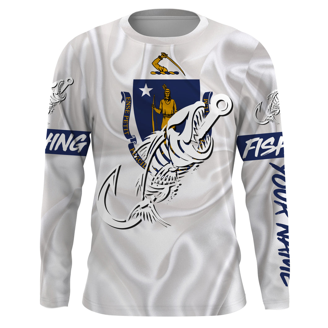 MA Massachusetts Fishing Flag Fish hook skull Custom name jerseys | Long sleeve, Long Sleeve Hooded NPQ731