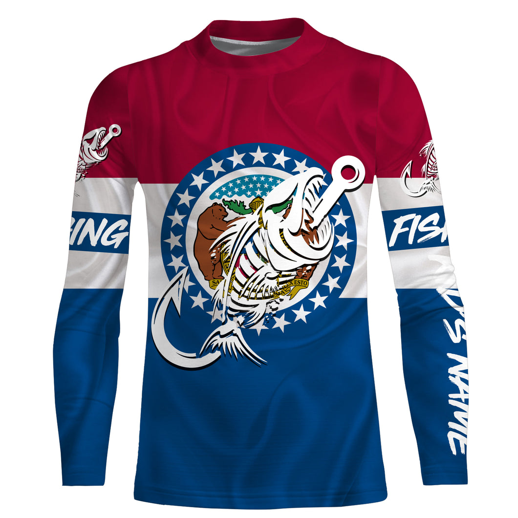 MO Missouri Fishing Flag Fish hook skull Custom name fishing jerseys | Kid Long Sleeves NPQ732