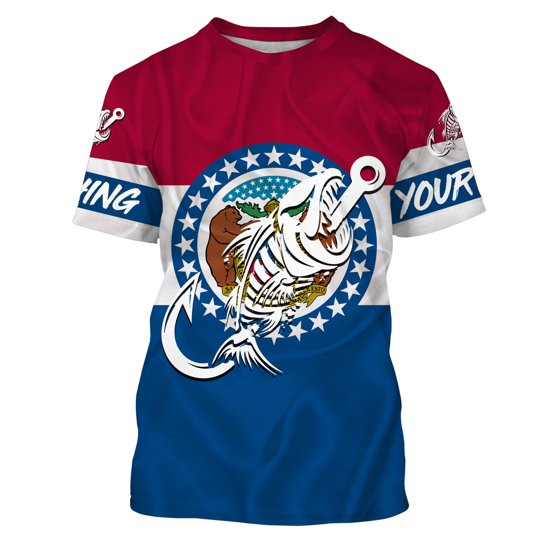 MO Missouri Fishing Flag Fish hook skull Custom name performance fishing jerseys | Tshirt - NPQ732