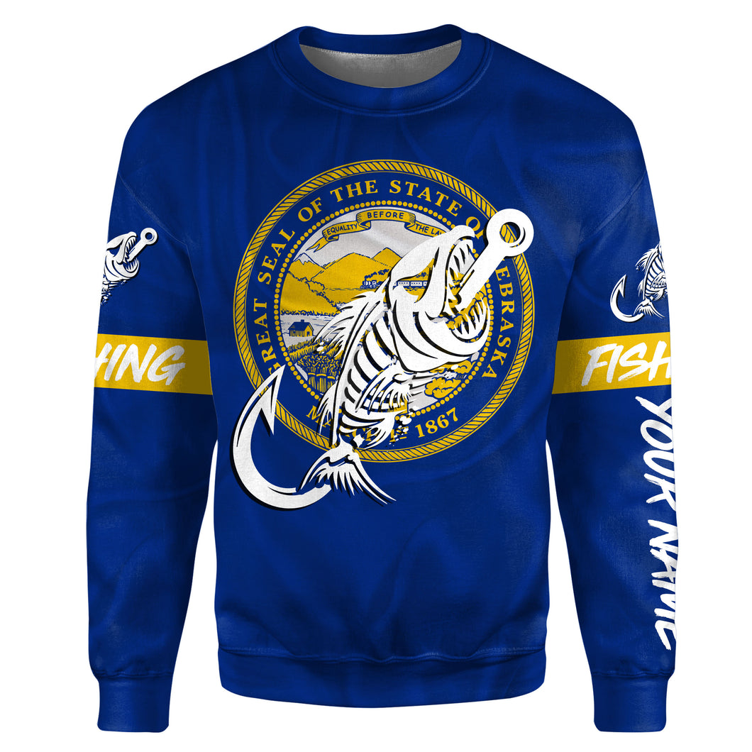 NE Nebraska Fishing Flag Fish hook skull Custom name fishing jerseys | Sweatshirt - NPQ733