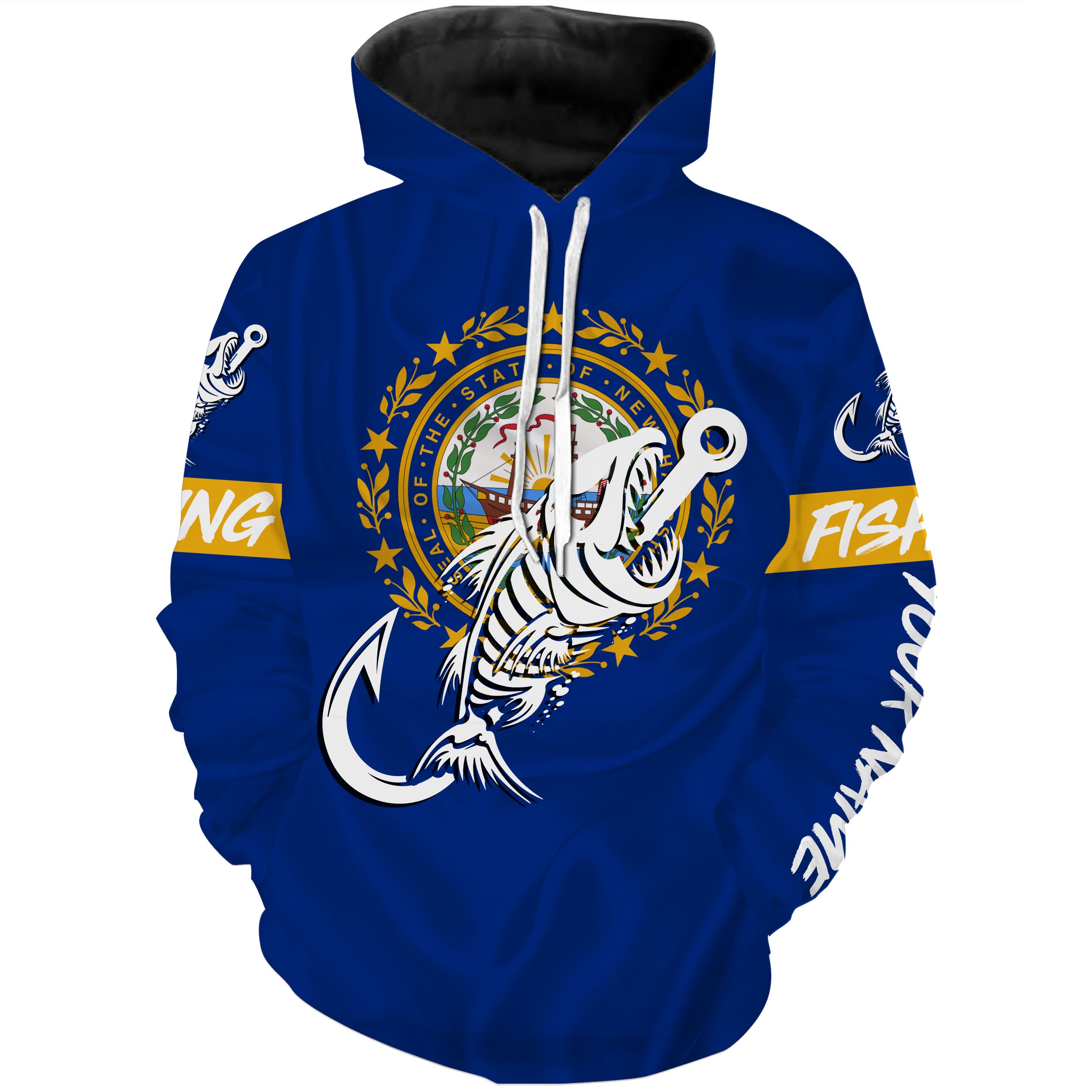 NH New Hampshire Fishing Flag Fish hook skull Custom name performance fishing jerseys | Hoodie - NPQ735