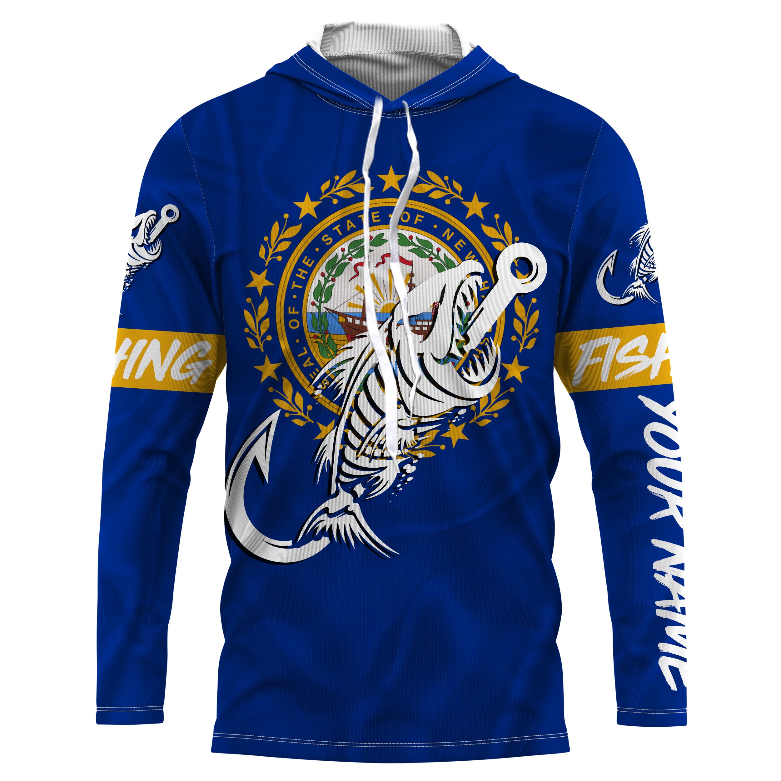 NH New Hampshire Fishing Flag Fish hook skull Custom name jerseys | Long sleeve, Long Sleeve Hooded NPQ735