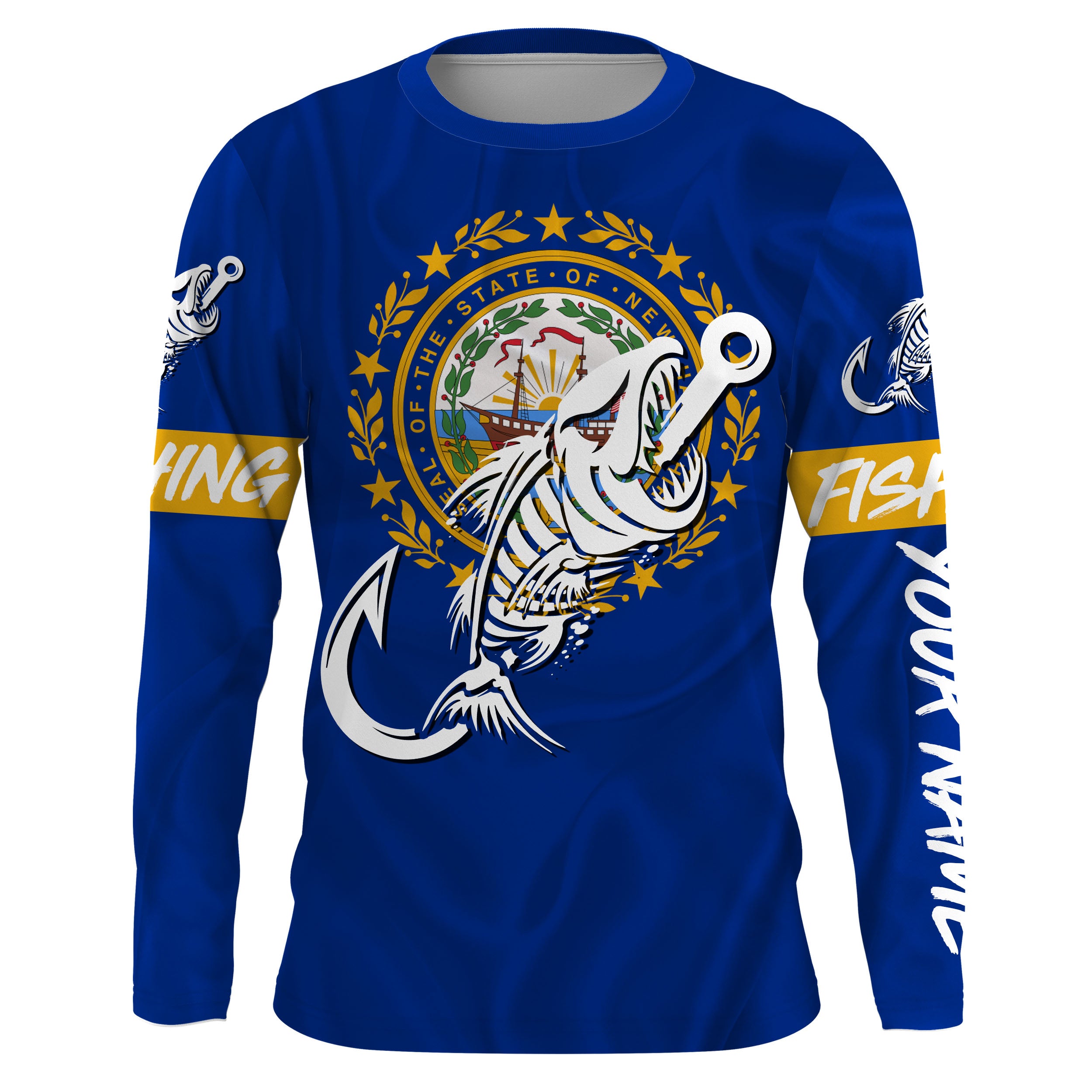 NH New Hampshire Fishing Flag Fish hook skull Custom name jerseys | Long sleeve, Long Sleeve Hooded NPQ735