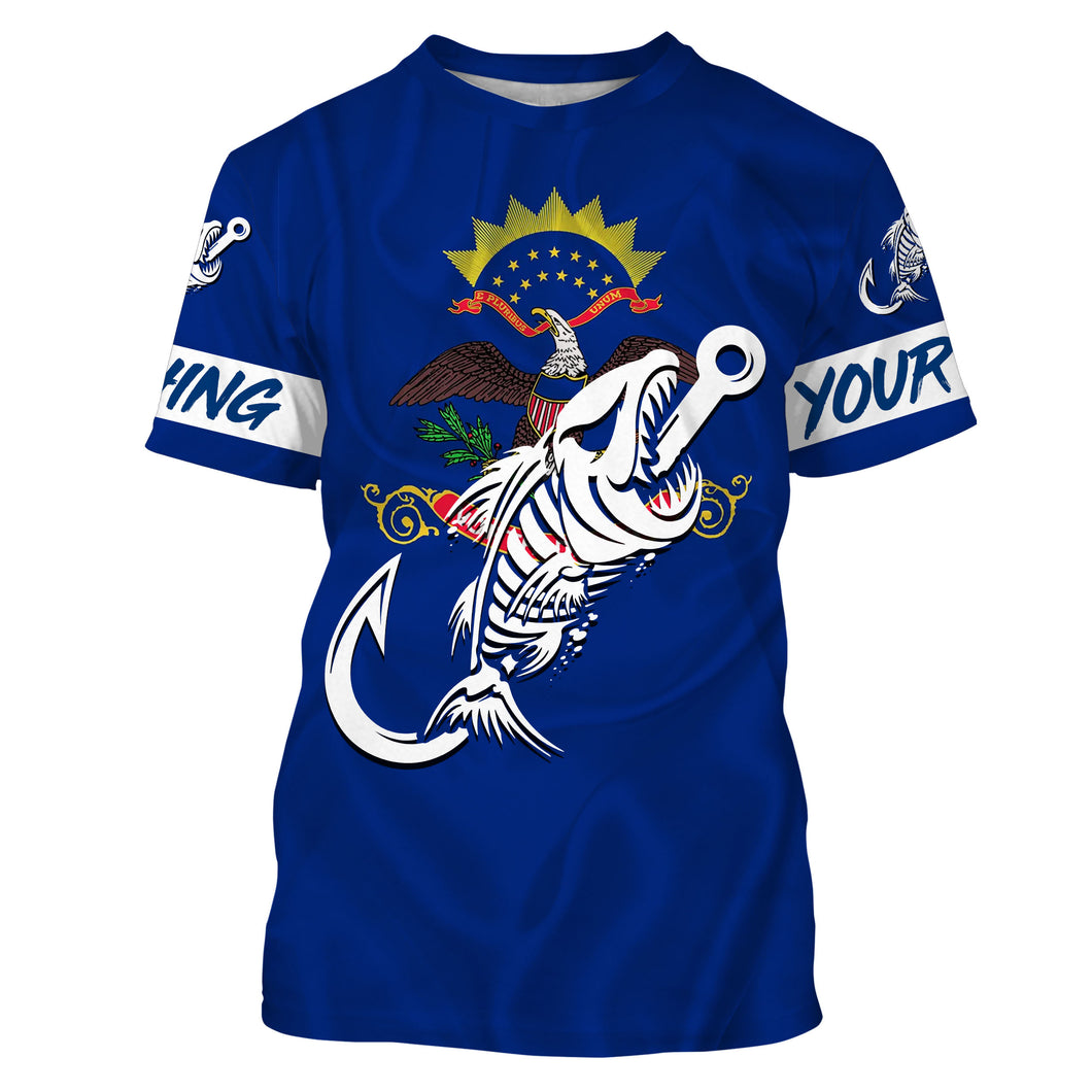 ND North Dakota Fishing Flag Fish hook skull Custom name performance fishing jerseys | Tshirt - NPQ737