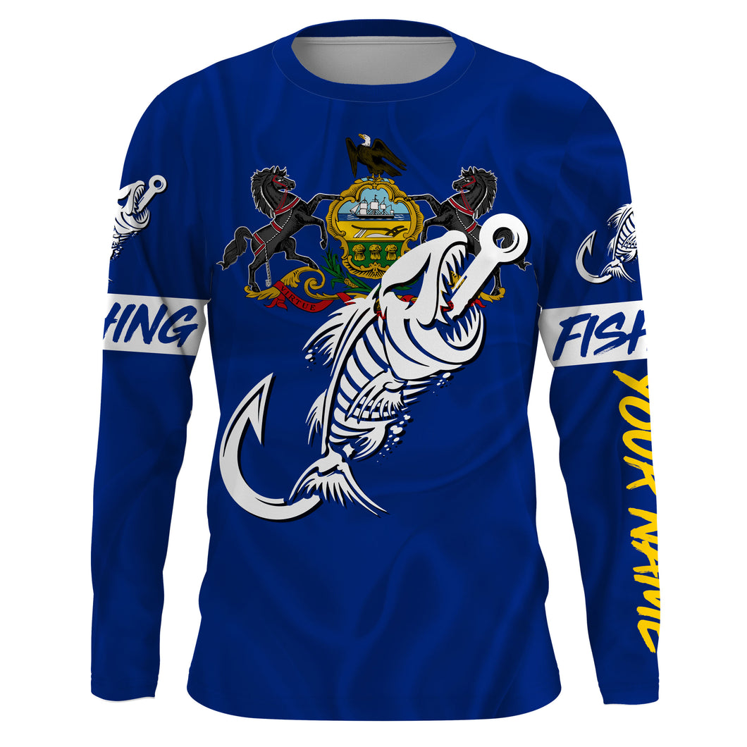PA Pennsylvania Fishing Flag Fish hook skull Custom name jerseys | Long sleeve, Long Sleeve Hooded NPQ739