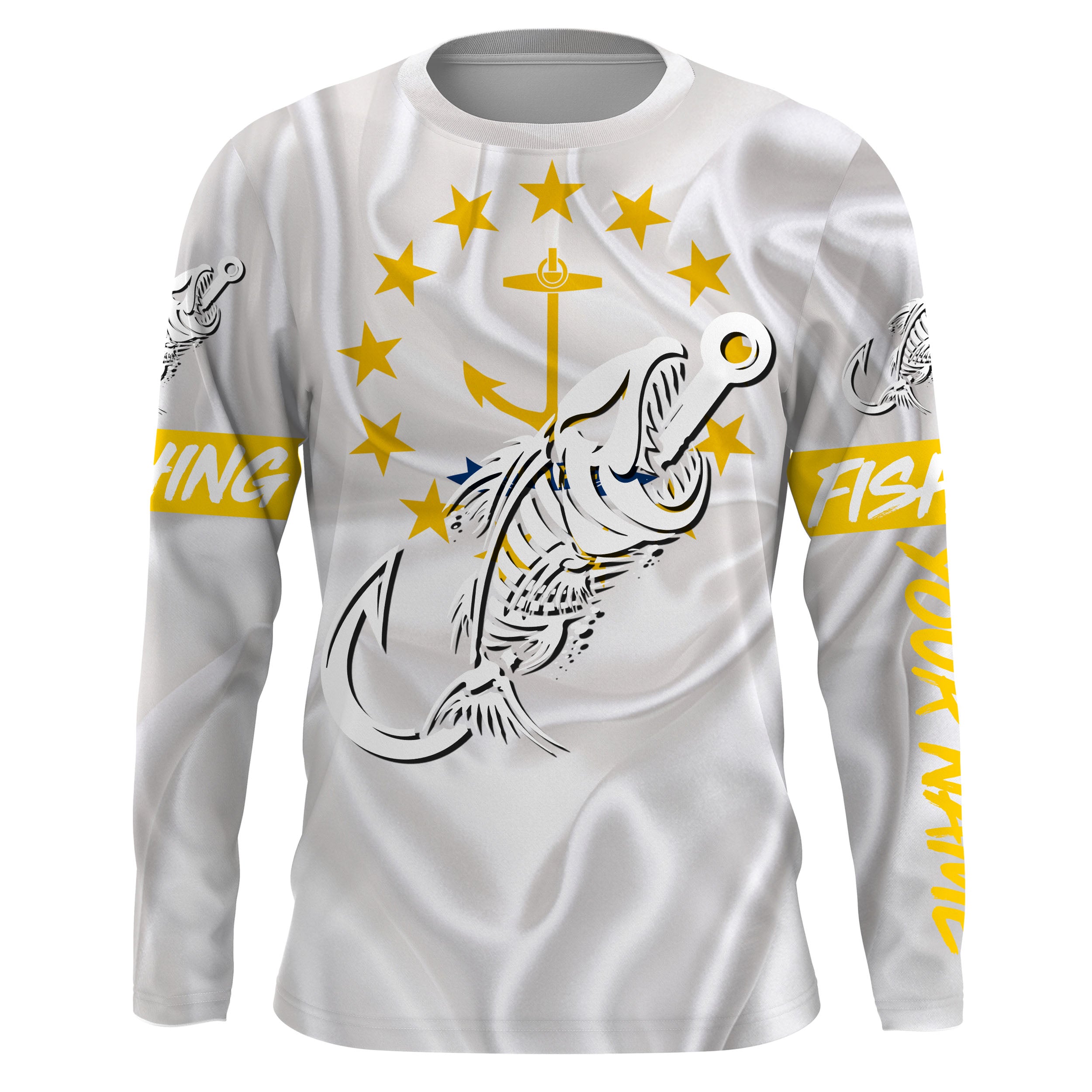 RI Rhode Island Fishing Flag Fish hook skull Custom name jerseys | Long sleeve, Long Sleeve Hooded NPQ740