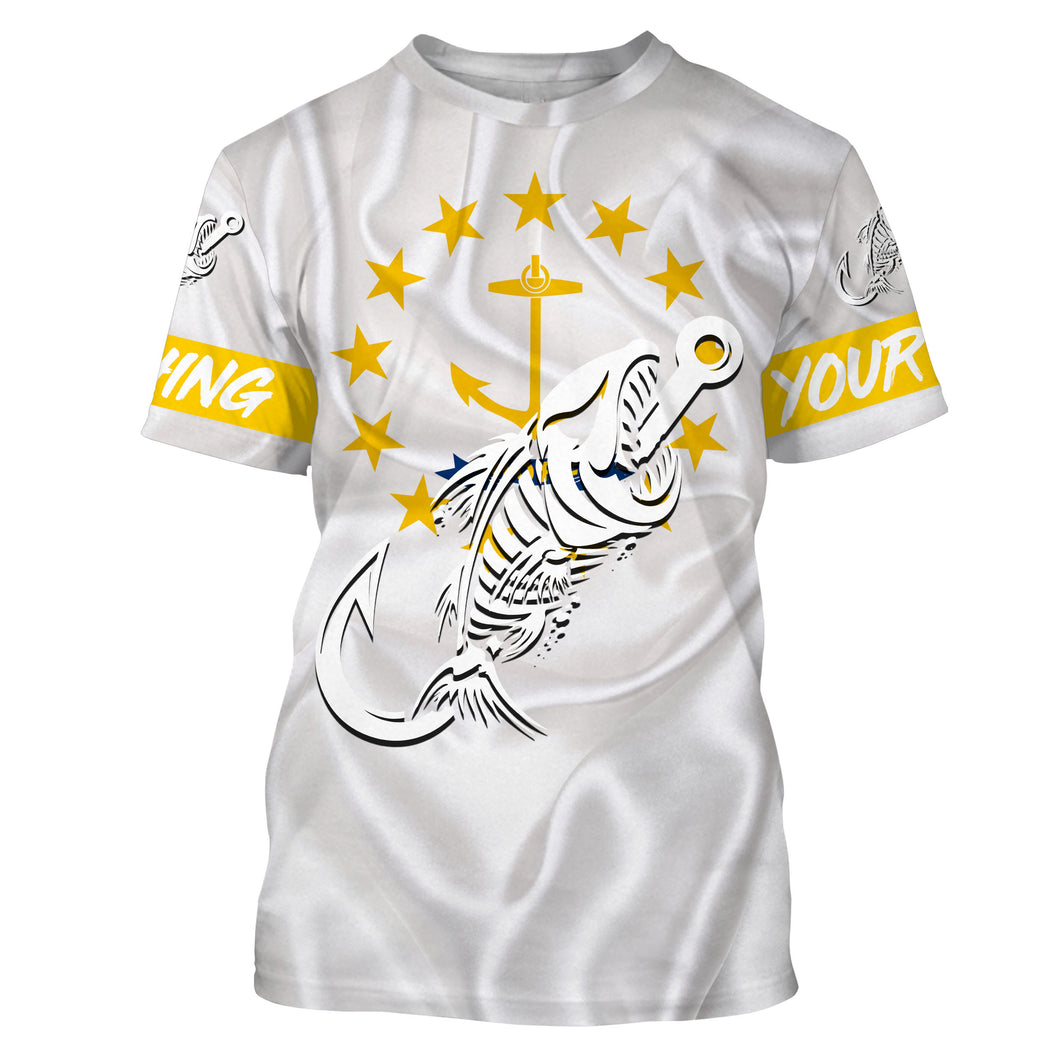 RI Rhode Island Fishing Flag Fish hook skull Custom name performance fishing jerseys | Tshirt - NPQ740