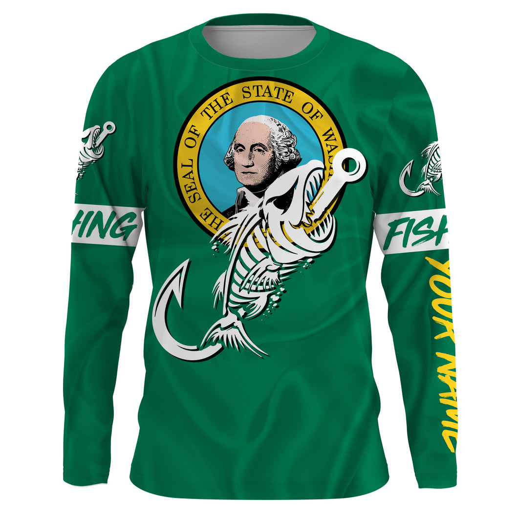 WA Washington Fishing Flag Fish hook skull Custom name jerseys | Long sleeve, Long Sleeve Hooded NPQ744