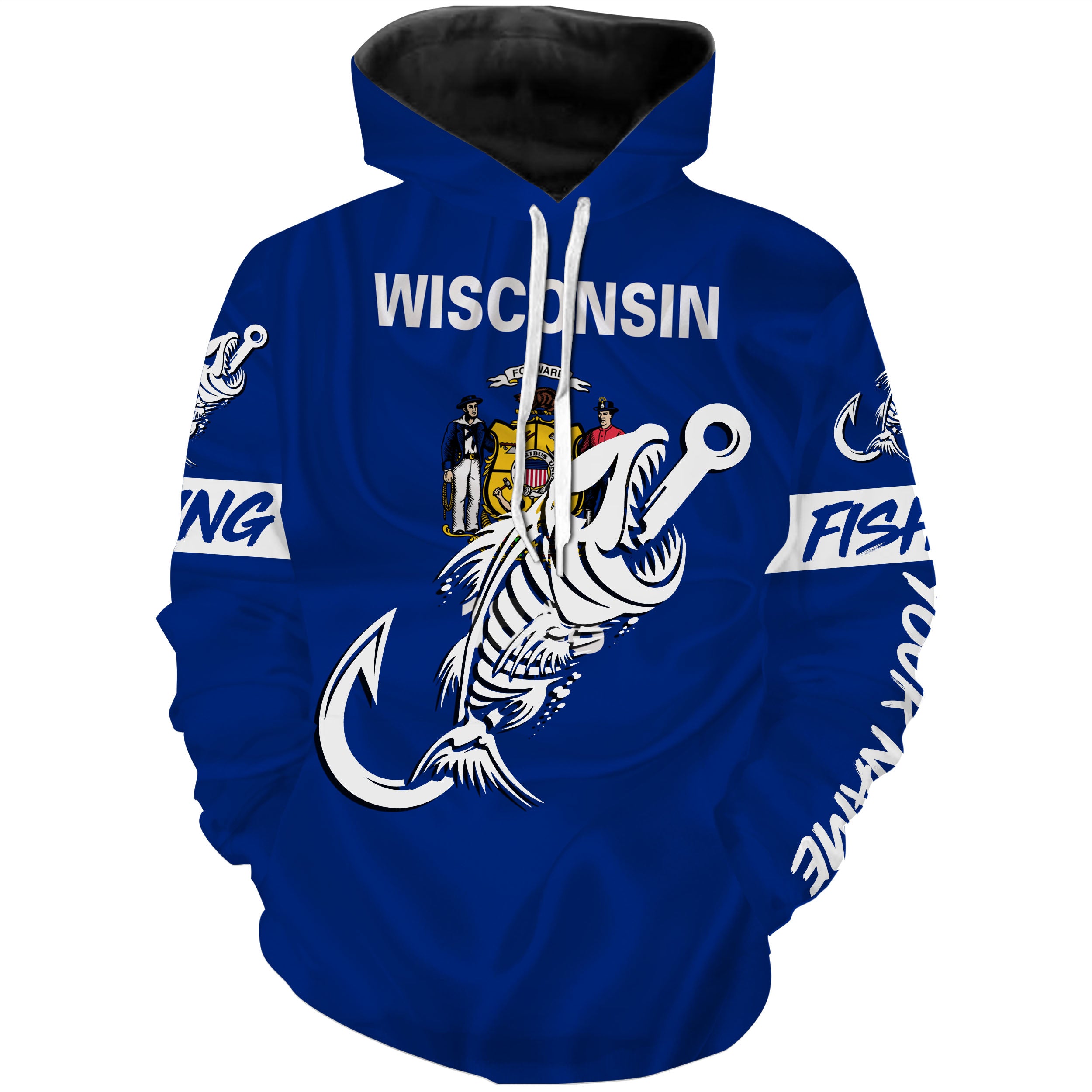 WI Wisconsin Fishing Flag Fish hook skull Custom name performance fishing jerseys | Hoodie - NPQ745