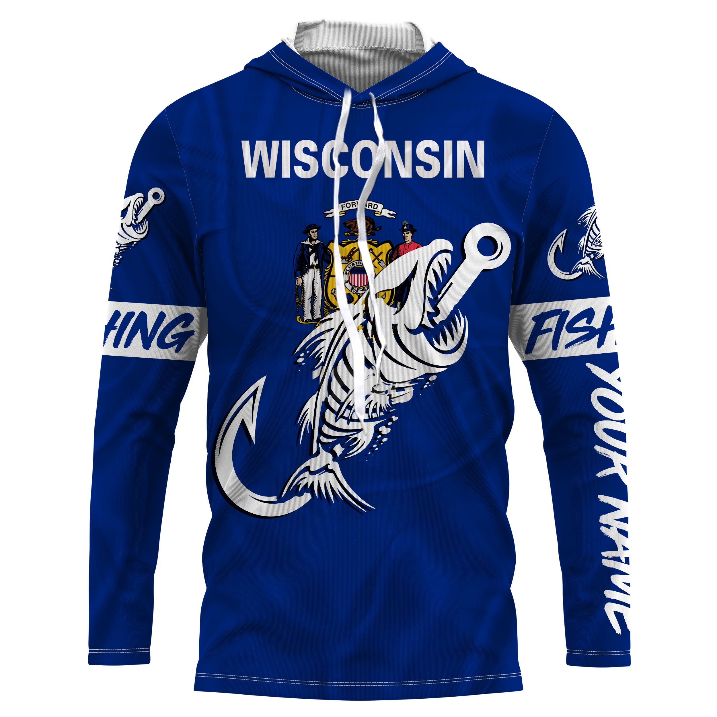 WI Wisconsin Fishing Flag Fish hook skull Custom Long sleeve, Long Sleeve Hooded NPQ745