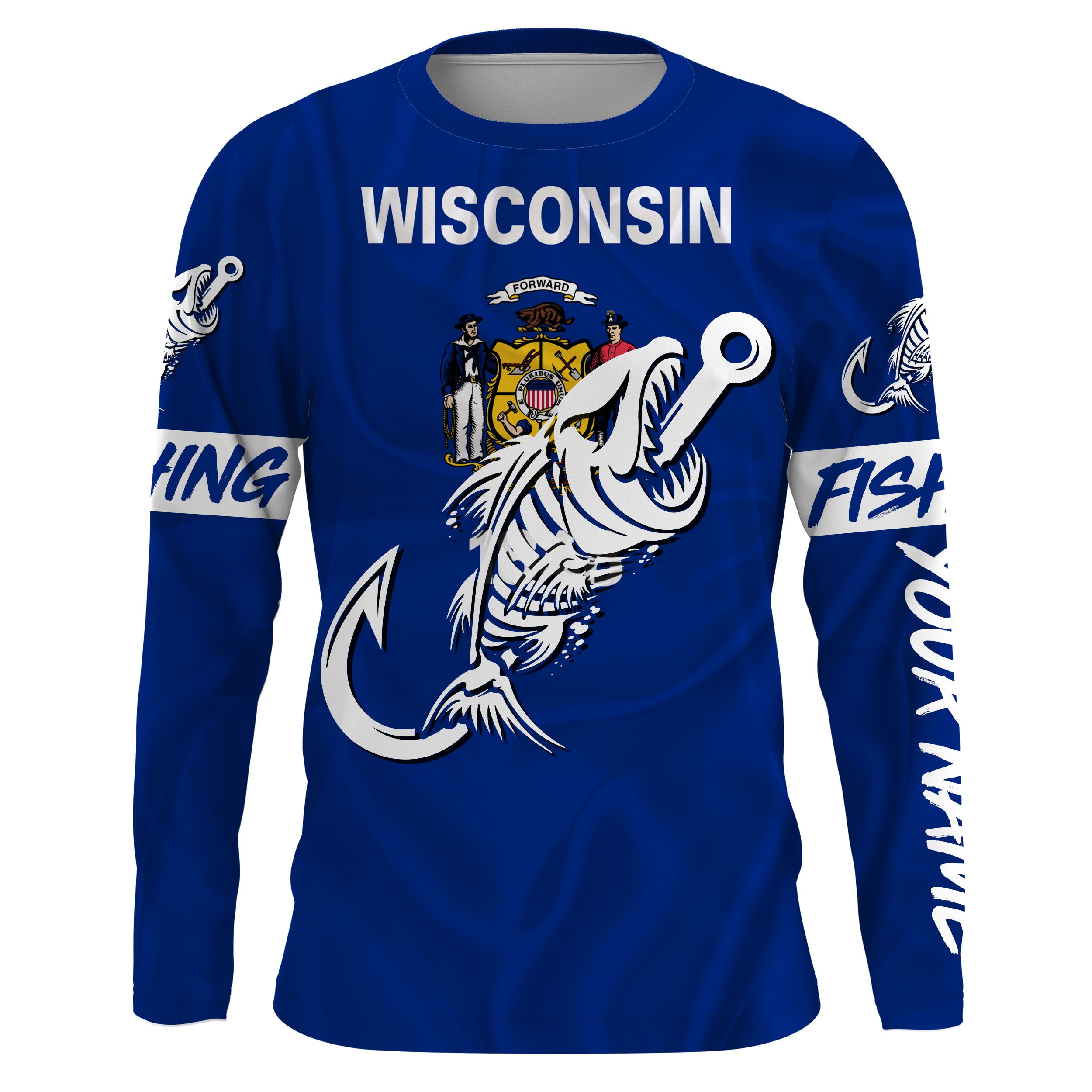 WI Wisconsin Fishing Flag Fish hook skull Custom Long sleeve, Long Sleeve Hooded NPQ745